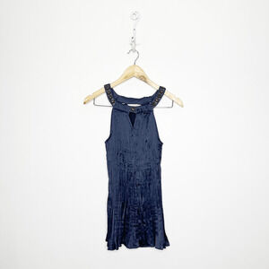 Sundance Nightfall Pleated Beaded Halter Top Navy Blue satin womens small S